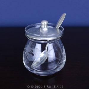 Antique Sterling Silver and Etched Glass Mustard Jar Lid & Spoon | Vintage Victorian Crystal Cut Glass Floral Design Lidded Spice Container