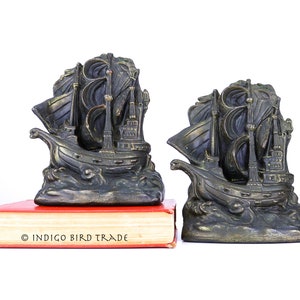 Antique Pair of Armor Bronze Ship Bookends | Vintage Sailboat Invincible Armada 1588 Metal Book Holders | Beach House Nautical Library Decor