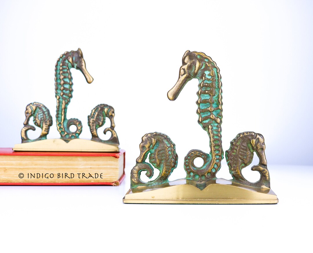 Vintage Pair of Brass Seahorse Trio Bookends With Patina Antique Book