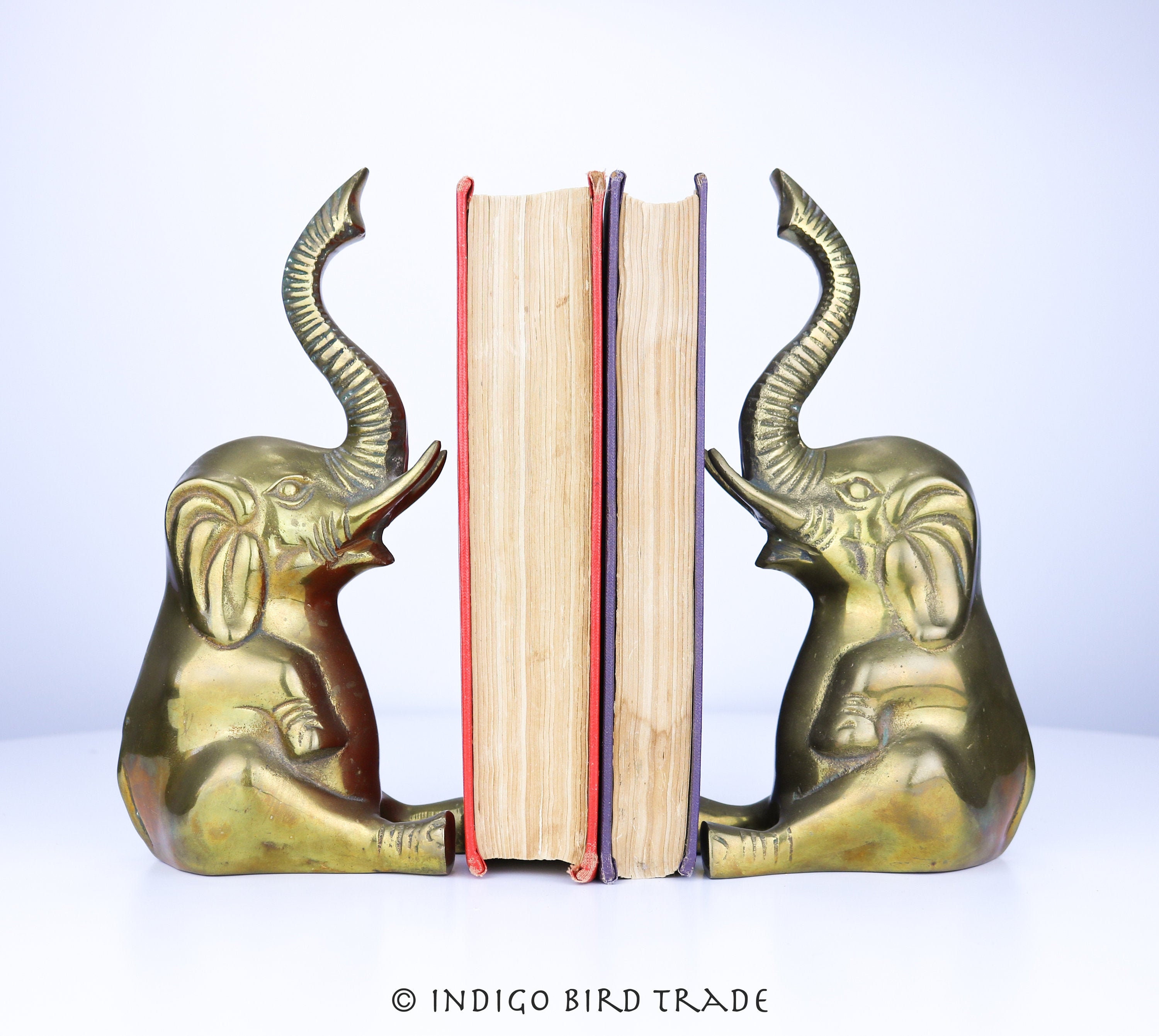 Vintage Pair of Brass Elephant Bookends Gold Metal Book Holders