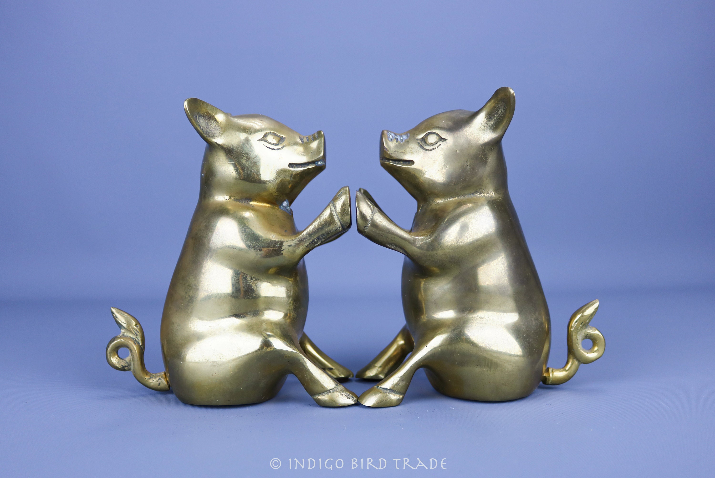 Pair of Vintage Solid Brass Pig Bookends | Gold Metal Piglet Book