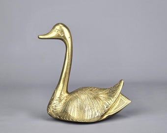 Art Deco Solid Brass Swan Sculpture with Etching | Vintage Gold Bird Statue Figure Mid Century Library Decor Antique Metal Hollywood Regency