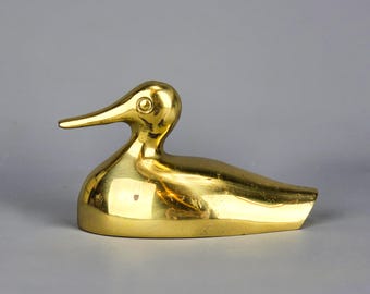Vintage Solid Brass Duck Figurine Paperweight | Mid Century Gold Metal Duck Sculpture Bird Statue Figure Shelf Decor Gift Office Accessory