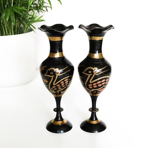 Pair of Vintage Brass Vases Art Deco Style Gazelle and Wheat Design | Mid Century Black and Gold Ornate Vases Scalloped Rim Bud Vase Decor