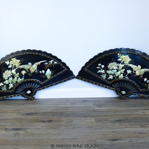 34&quot; Pair of Vintage Asian Wall Hanging Fans with Mother of Pearl Inlay Birds and Flowers Antique Chinese Wooden Panel Chinoiserie Decor