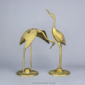 Pair of Vintage Bronze Crane Heron Statues | Solid Brass Metal Sea Bird Figurine Coastal Beach House Decor | Mid Century Pelican Ibis Bird