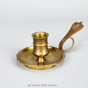 Vintage Brass Chamberstick with Finger Loop and Drip Tray Replica of Antique French Candlestick with Handle Candle Holder Victorian Style