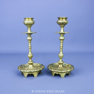 Pair of Antique French Brass Thistle Candlesticks | Vintage Ornate Floral Candle holders Gold Metal Taper Candleholders France Belle Epoque