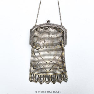 1920s Art Deco Mesh Purse by Whiting and Davis | Antique Flapper Small Bag Vintage Floral Whiting and Davis Metal Pouch Purse Lady Accessory