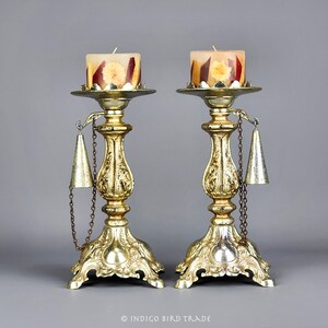 Pair of Baroque Style Pillar Candle Holders with Snuffer | Vintage Ornate Silver Candleholders Antique Tall Candle Holders for Thick Candle