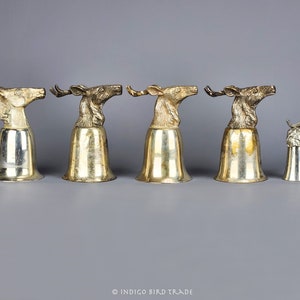 Rare Set of 5 Vintage Silver Stirrup Hunt Cups Goblets with Elk Deer Stag Horse and Elephant Heads in Style of Gucci Vintage Barware Decor