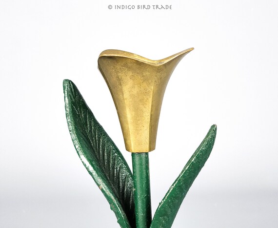 Vintage Gold Brass and Green Lily Flower Candlestick | Taper Calla