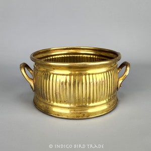 Gold Brass Planter Fluted Design Mid Century Modern | Vintage Metal Plant Pot with Handles | Small Bronze Cactus Succulent Canister Bowl