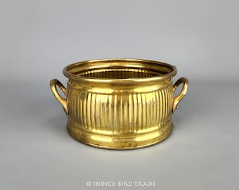 Gold Brass Planter Fluted Design Mid Century Modern | Vintage Metal Plant Pot with Handles | Small Bronze Cactus Succulent Canister Bowl