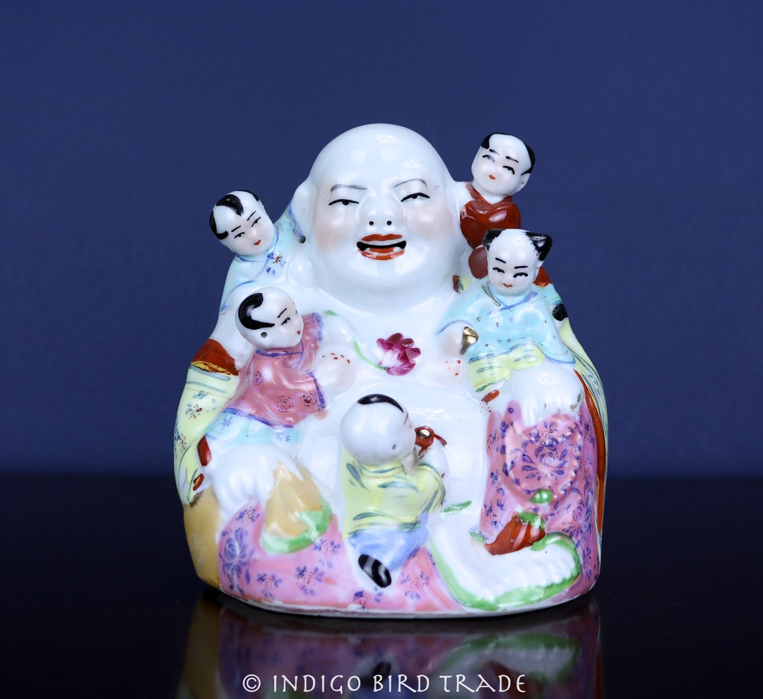 Antique Porcelain Laughing Buddha With Children Statue | Vintage