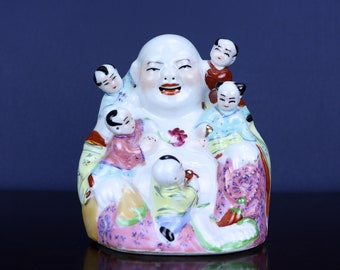 Antique Porcelain Laughing Buddha with Children Statue | Vintage Chinese Porcelain Fertility Buddha Kids Asian Sculpture Figurine Ceramic