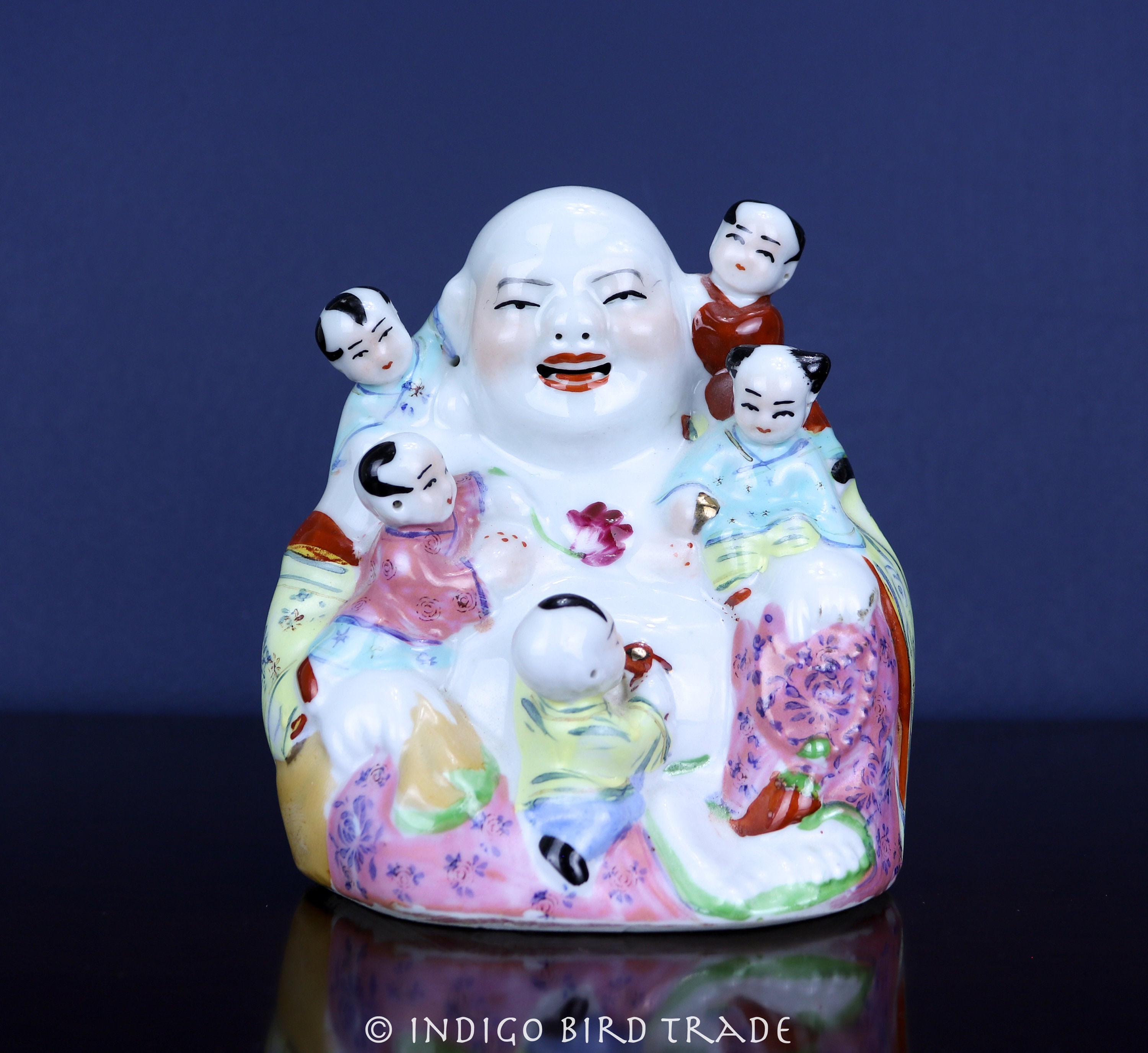 Antique Porcelain Laughing Buddha With Children Statue | Vintage