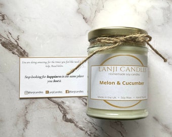 Melon & Cucumber scented soy candle | Candle with affirmation card | Vegan soy wax | Handmade in the UK