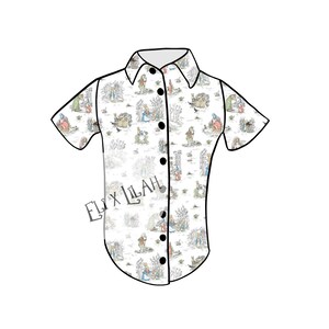 May include: A white button-down shirt with short sleeves featuring a repeating pattern of illustrations from the children's book "The Tale of Peter Rabbit". The shirt has a collared neckline and a button closure.