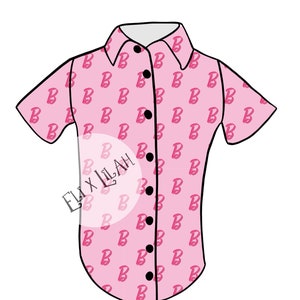 May include: A pink short-sleeved button-down shirt with a repeating pattern of the letter "B" in a darker pink color. The shirt has a collar and five black buttons.