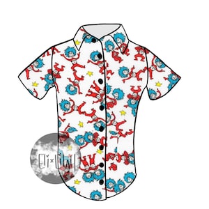 May include: A white button-down shirt with a short sleeve featuring a repeating pattern of red and blue figures with yellow stars.