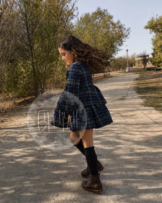 Girls Blue Green Plaid Dress