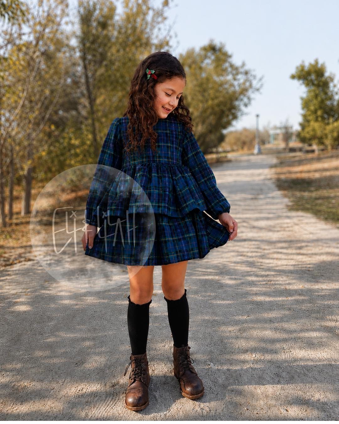blue and black checkered dress Girls Green Plaid Light Blue Pleated Tulle corset back a smocked bodice keeps Length:34