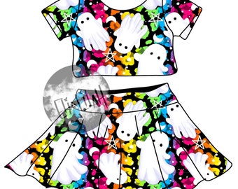 Girls Neon Ghost Halloween Skirt Set, Colorful Spooky Two Piece Outfit