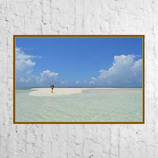 Heart of Maldives. In the middle of Indian Ocean. Blue Sky and White Sand. Girl on the tiny island. Printable tropical art. Calm, luxury pic