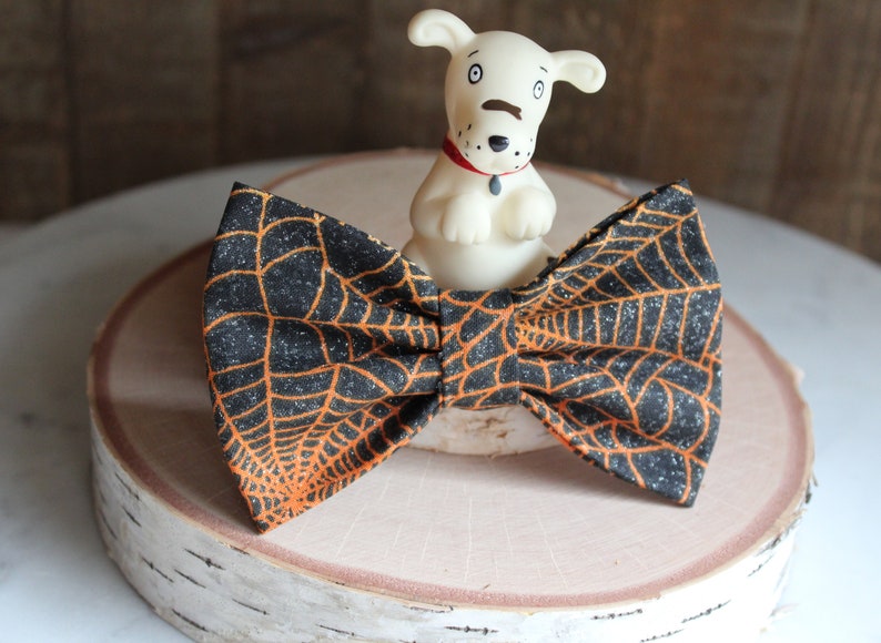 Halloween Dog Collar Bow Tie, Spider Web Cat Bow Tie, Fall Doggie Bow Tie, Orange Black Bow Tie, Pet Accessories, Pet Gifts, Pet Bow Ties image 2