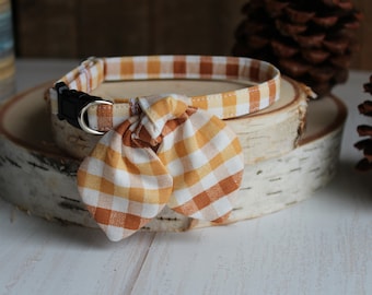 Cat Collar, Cat Collar with Bunny Ear Bowtie, Breakaway Cat Collar, Pumpkin Orange Plaid Cat Collar,Dog Collar,Small Pet Collar,Kitten Gifts