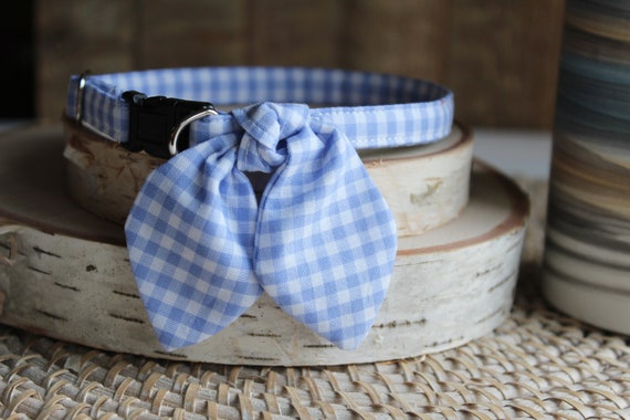 Cat Collar, Cat Collar with Bunny Ear Bowtie, Breakaway Cat Collar, Baby Blue Gingham Collar, Kitten Collar, Small Dog Collar, Pet Gifts