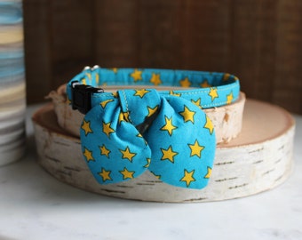 Cat Collar, Cat Collar with Bunny Ear Bowtie, Breakaway Cat Collar, Blue Cat Collar, Stars Cat Collar, Custom Pet Collar, Cat, Tiny Dog