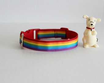 Puede incluir: Un collar para perro de colores arcoíris con una hebilla roja y un anillo en D plateado. El collar está sobre una superficie blanca.