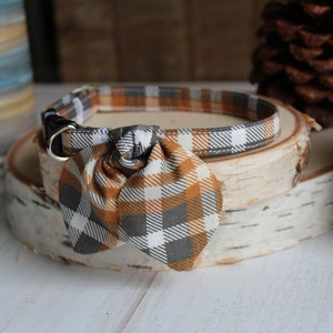 May include: A brown and white plaid dog collar with a matching bow tie. The collar is on a wooden surface.