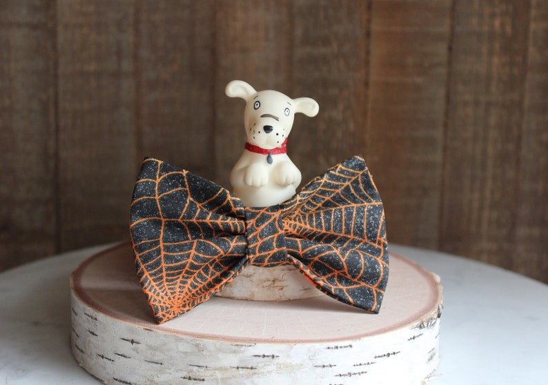 Halloween Dog Collar Bow Tie, Spider Web Cat Bow Tie, Fall Doggie Bow Tie, Orange Black Bow Tie, Pet Accessories, Pet Gifts, Pet Bow Ties image 1