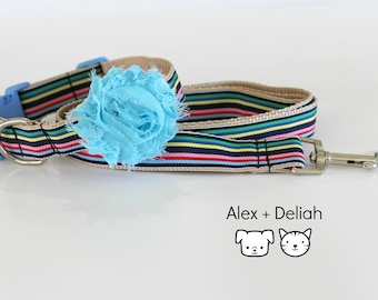 Collar del perro, collar del perro azul, collar del perro hecho a mano, collar del perro de rayas, collar de perro ajustable, conjunto de flores del collar del perro, collar del perro de la tela, collar de la entrea de