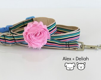 Collar del perro, collar del perro rosa, collar del perro hecho a mano, collar del perro rayado, collar de perro ajustable, collar del perro de moda, conjunto del collar del perro, collar de la entrenada