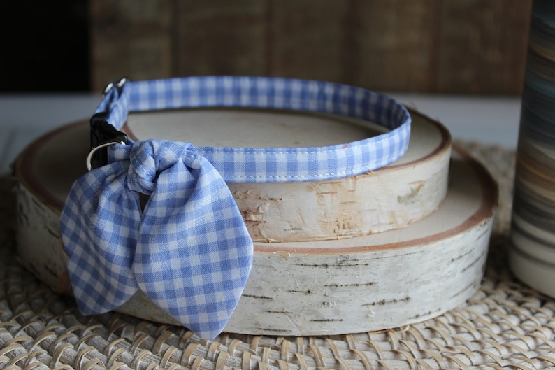 Puede incluir: Un collar de perro de cuadros azules y blancos con una pajarita. El collar est&aacute; sobre una superficie de madera.