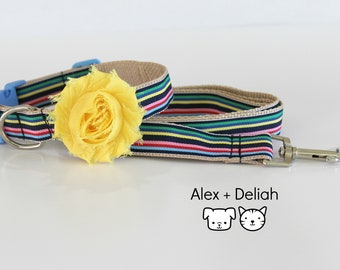 Dog Collar, Yellow Flower Dog Collar, Handmade Dog Collar,Striped Dog Collar,Adjustable Dog Collar,Trendy Collar,Dog Collar Set,Bryce Collar