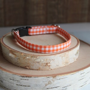 May include: Orange and white checkered fabric dog collar with a black plastic buckle.