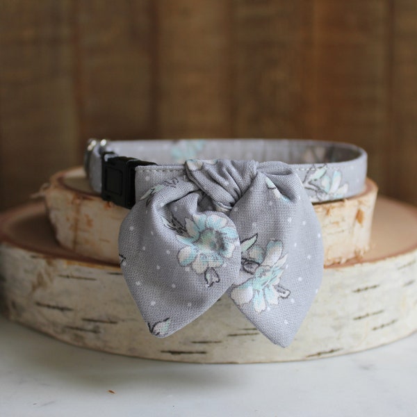 Cat Collar, Cat Collar with Bunny Ear Bowtie, Breakaway Cat Collar, Gray Floral Collar, Cute Cat Collar, Small Dog Collar, Kitten, Pet Gift