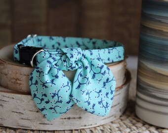 Cat Collar, Cat Collar with Bunny Ear Bowtie, Breakaway Cat Collar, Blue Cat Collar, Floral Cat Collar, Custom Pet Collar, Cat, Small Dog