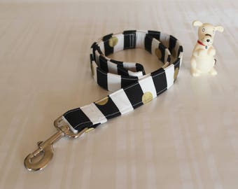 Dog Leash, Black and White Leash, 1" Dog Leash, Striped Dog Leash, Dog Lead, Any Length Dog Leash, Fabric Leash, Gold Dots Leash
