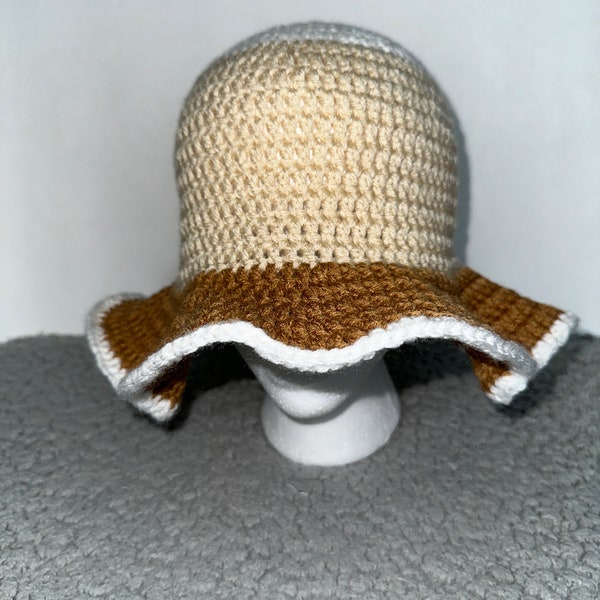 Crochet Wavy Bucket Hat - Brown, Beige & White