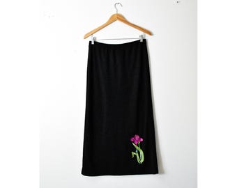 Quacker Factory Midi Skirt Womens S Black Vintage Beaded Floral Applique Slit