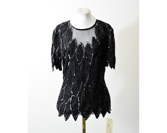 Stenay Beaded Silk Top Women S Black Vintage Sequin Scalloped Art Deco Evening