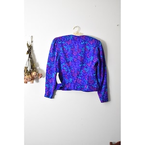Adrianna Papell Vintage 80s 100% Silk Blazer Purple Floral Damask Puff Shoulder image 3
