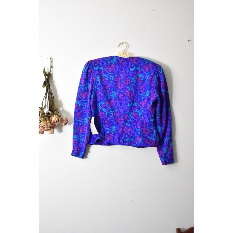 Adrianna Papell Vintage 80s 100% Silk Blazer Purple Floral Damask Puff Shoulder image 3
