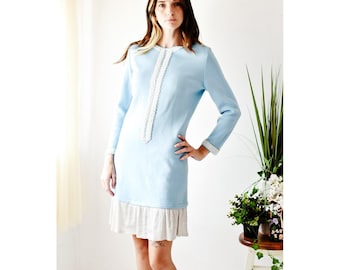 Vintage Knit Mini Dress Women 12 Blue Excellent Beaded Ruffle Mod 60s